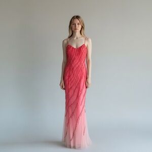 100% Silk Vintage Y2K Maxi Gown Womens Small Pink Ombre Beaded Sequin